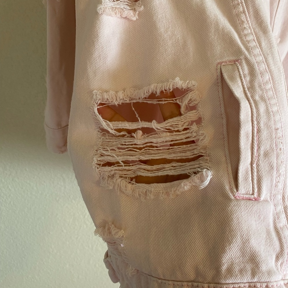 Light Pink Distressed Denim Jacket - Picture 6 of 10
